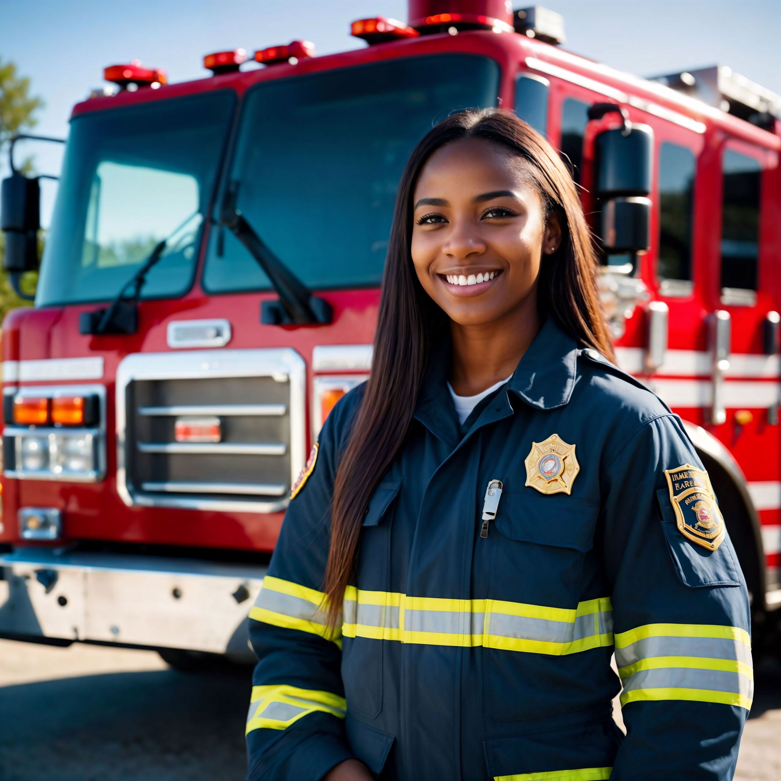 Fire fighter woman standing in front of a fire truck. Photo of a happy firefighter on duty. Fire engine. Person of color. Generative AI.
