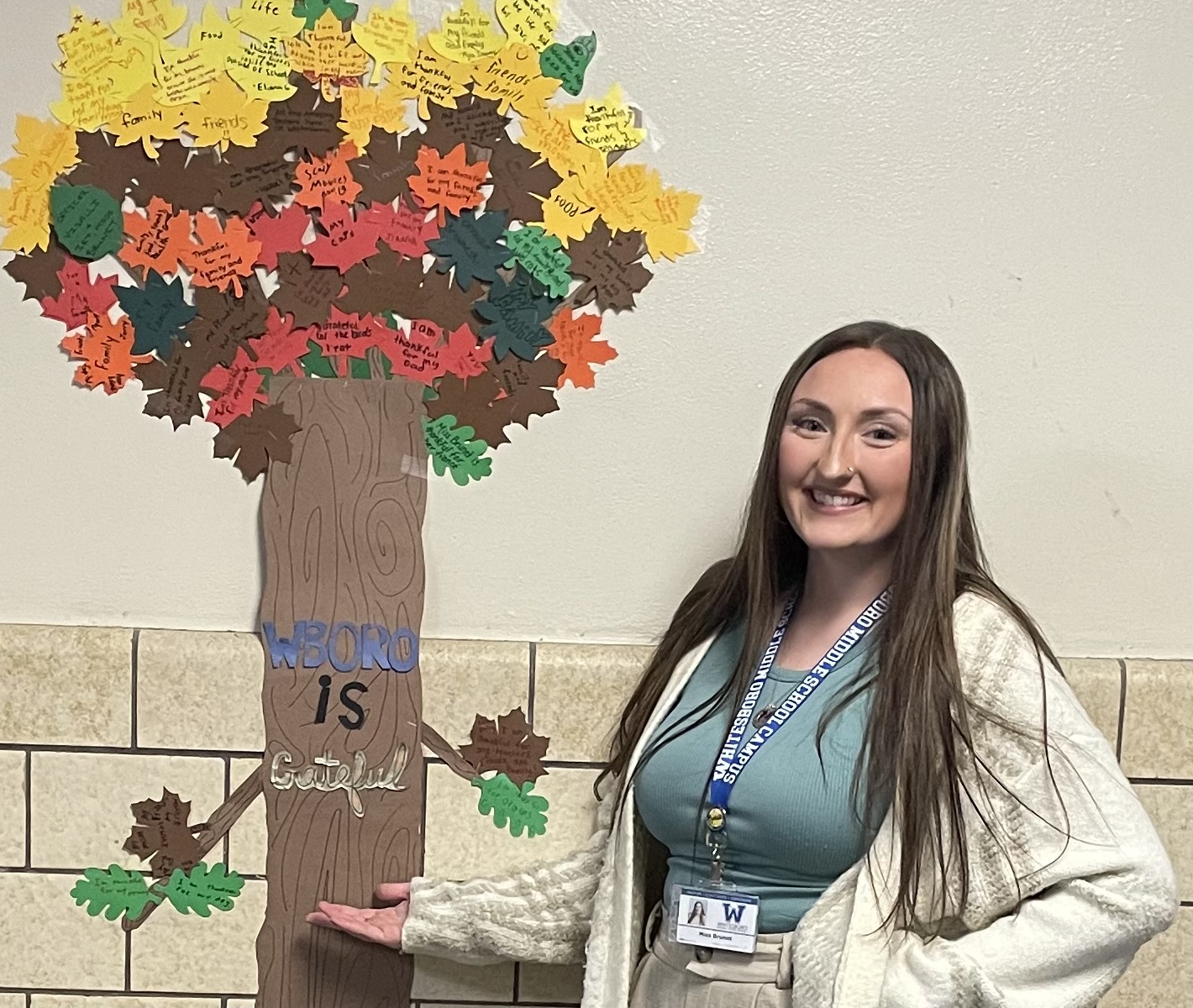 SSMV Youth Case Manager's gratitude tree at Whitesboro Middle School, filled with student expressions of thankfulness.