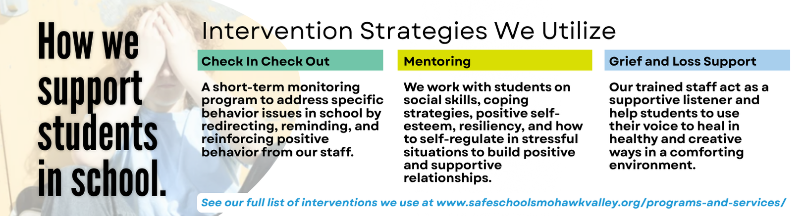 SSMV's intervention strategies for supporting students in school, including Check In Check Out, Mentoring, and Grief and Loss Support.