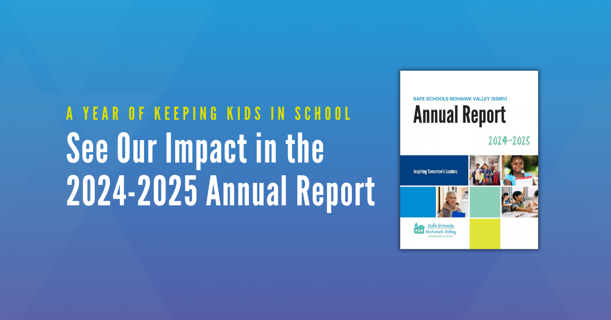Safe Schools Mohawk Valley 2024-2025 Annual Report cover next to the text "See Our Impact in the 2024-2025 Annual Report"